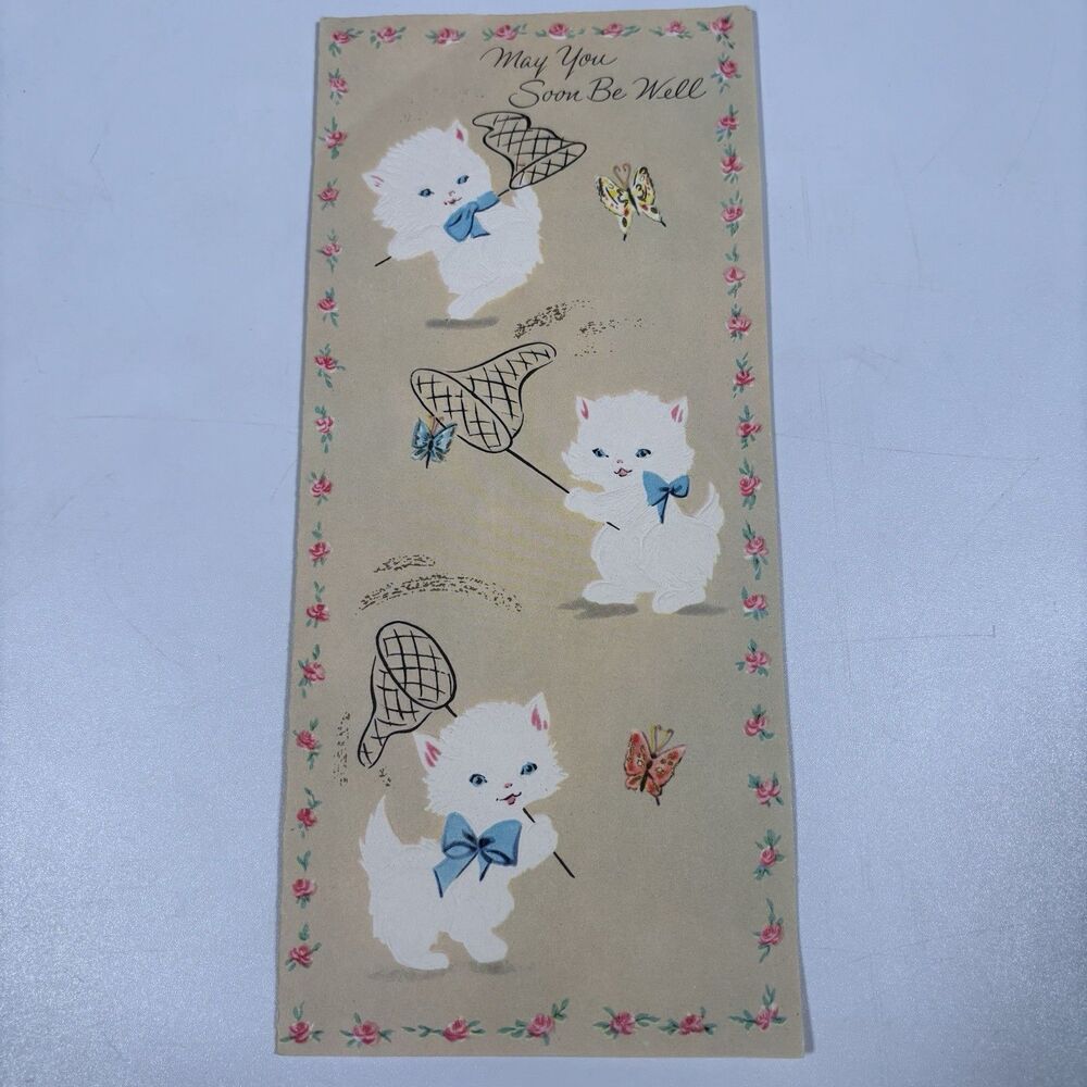 Vintage 1956 Get Well Greeting Card Sunshine Butterfly Kittens Cats MCM Cute Art